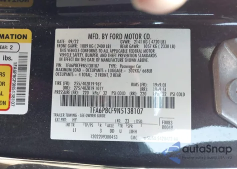 2022 Ford Mustang Gt Premium Fastback из США, поврежденный, VIN 1FA6P8CF9N5138107